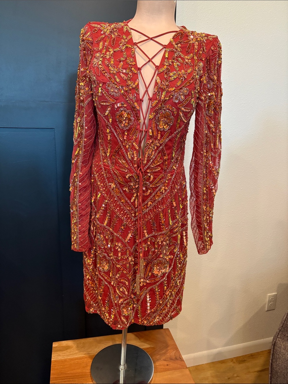 642. Ashley Lauren copper Beaded Lace-Up Long Sleeve Dress